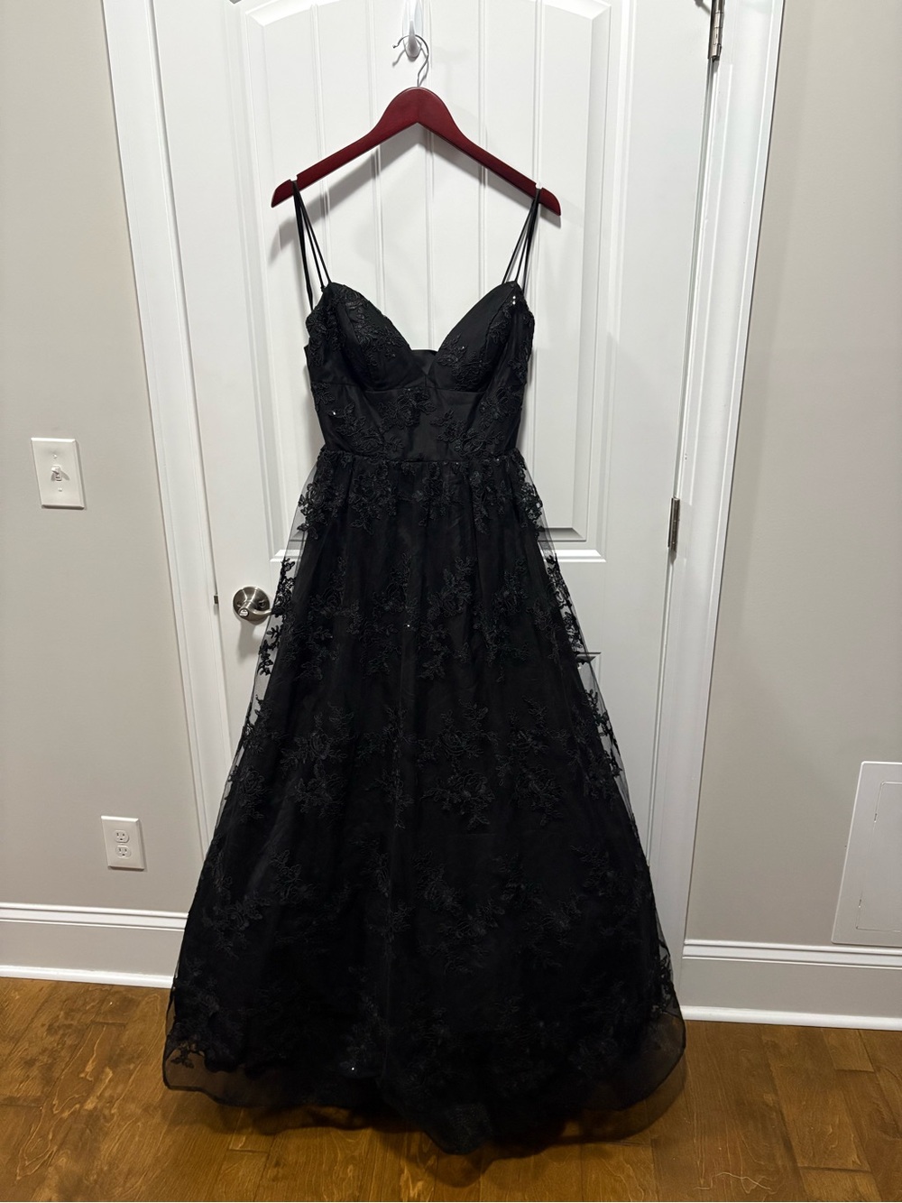 B Darlin Black Lace A-Line Spaghetti Strap Prom Dress